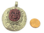 Tibetan silver Red Ganesha pendant with double dragon on side and floral carving on reverse - PM272G