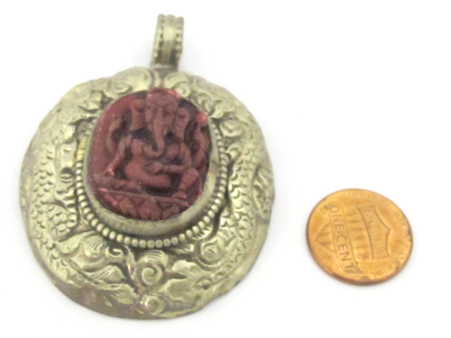 Tibetan silver Red Ganesha pendant with double dragon on side and floral carving on reverse - PM272G