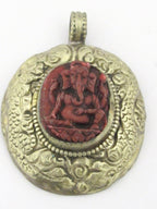 Tibetan silver Red Ganesha pendant with double dragon on side and floral carving on reverse - PM272G