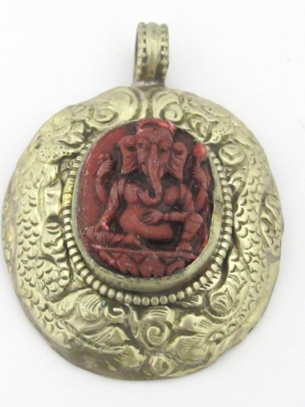 Tibetan silver Red Ganesha pendant with double dragon on side and floral carving on reverse - PM272G