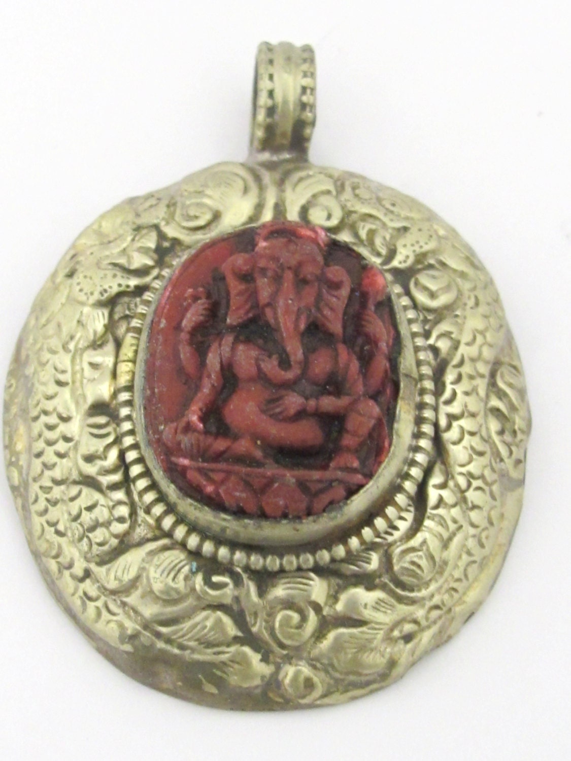Tibetan silver Red Ganesha pendant with double dragon on side and floral carving on reverse - PM272G