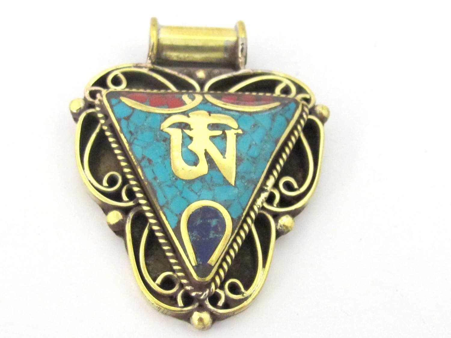 1 Pendant - Ethnic Nepalese Triangle shape Om mantra brass pendant - PM436B