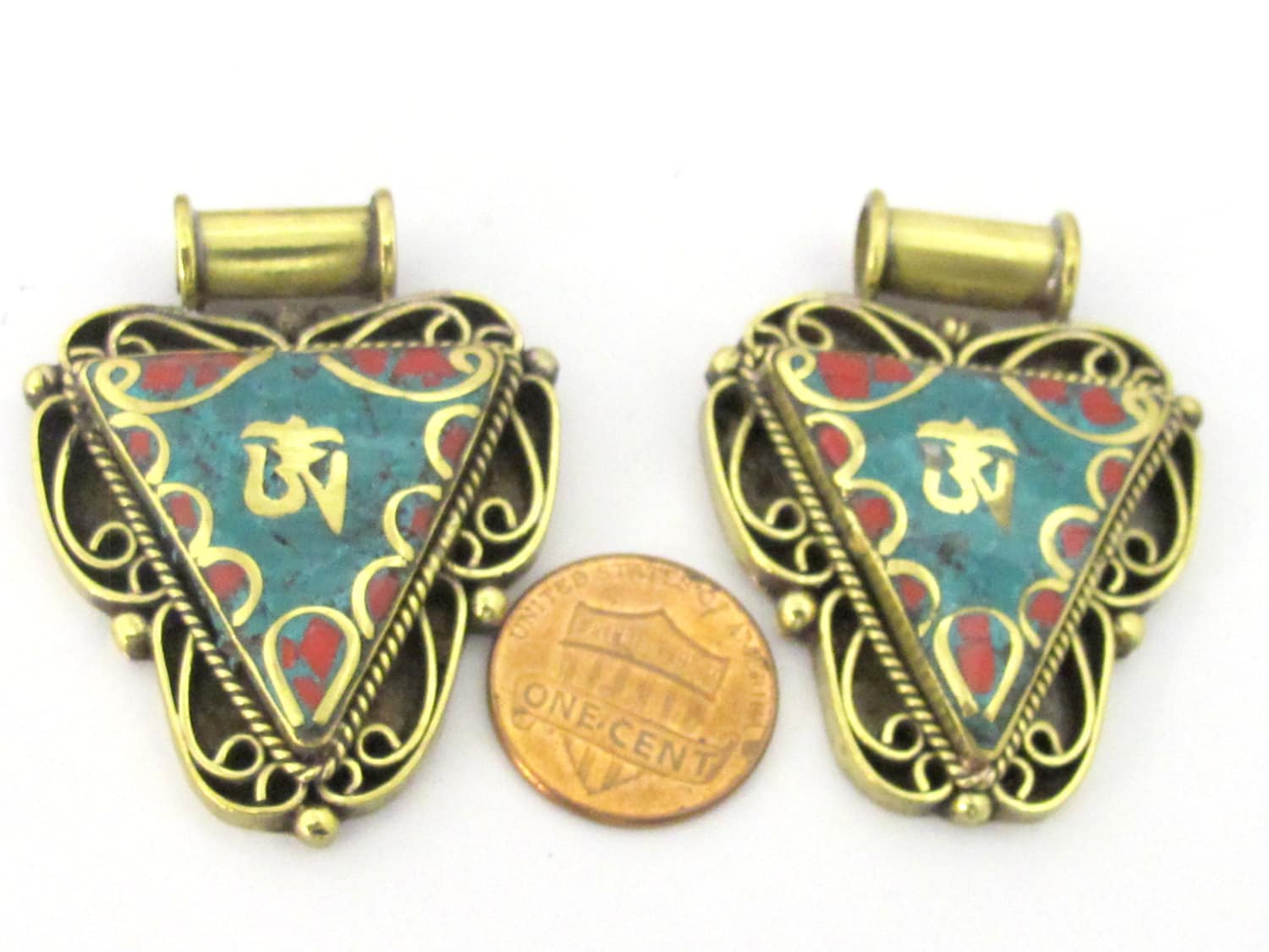 1 Pendant - Ethnic Nepalese Triangle shape Om mantra brass pendant with turquoise coral inlay - PM436F