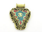 1 Pendant - Ethnic Nepalese Triangle shape Om mantra brass pendant with turquoise coral inlay - PM436F