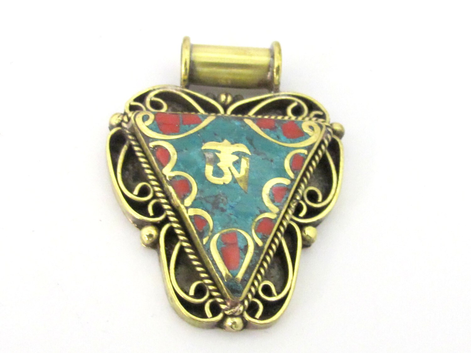 1 Pendant - Ethnic Nepalese Triangle shape Om mantra brass pendant with turquoise coral inlay - PM436F