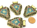 1 Pendant - Ethnic Nepalese Triangle shape Om mantra brass pendant with turquoise coral inlay - PM436F