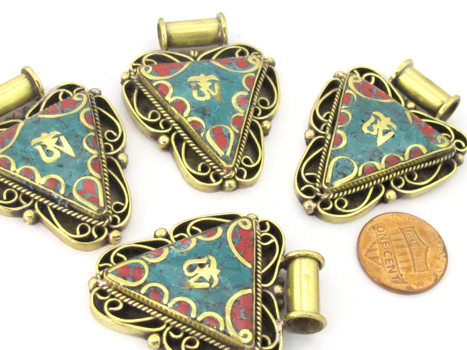 1 Pendant - Ethnic Nepalese Triangle shape Om mantra brass pendant with turquoise coral inlay - PM436F
