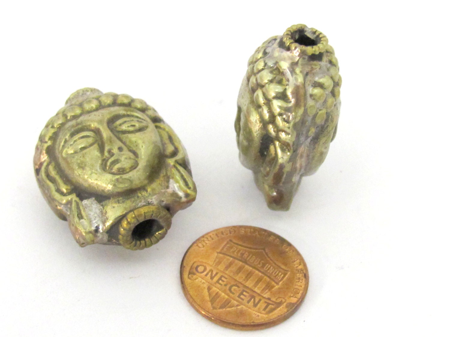 2 Beads - Tibetan beads Buddha beads Reversible Light weight antiqued silvery brass tone Tibetan Buddha bead from Nepal- BD851s