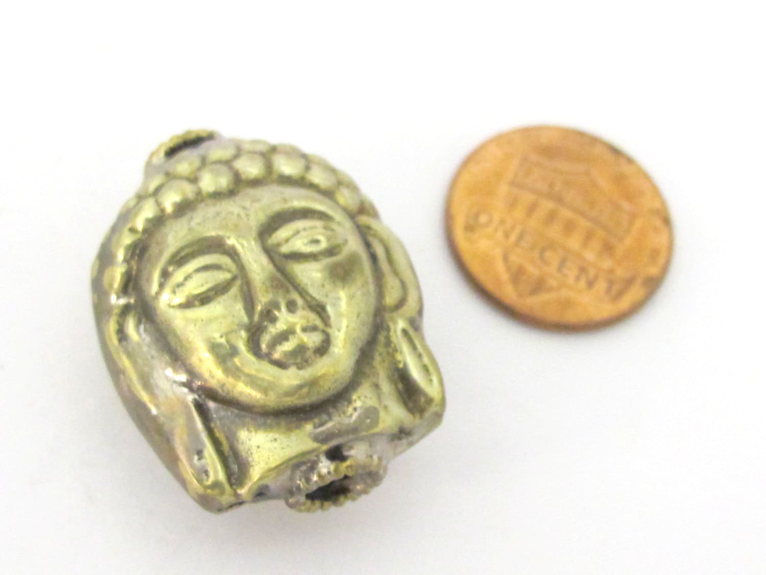 1 Bead - Reversible Light weight antiqued silvery brass tone Tibetan Buddha bead from Nepal- BD851