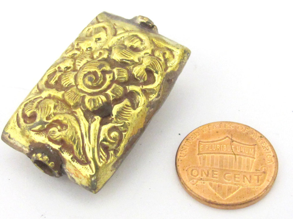 1 Bead - Large rectangle shape ethnic tibetan flower repousse brass bead antiqued gold color - BD854