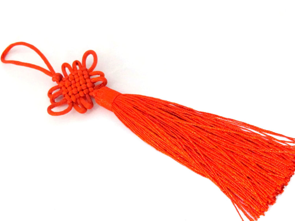 1 Piece - Long red chinese infinity knot tassel charm supplies - 8.5 inches long - BD855