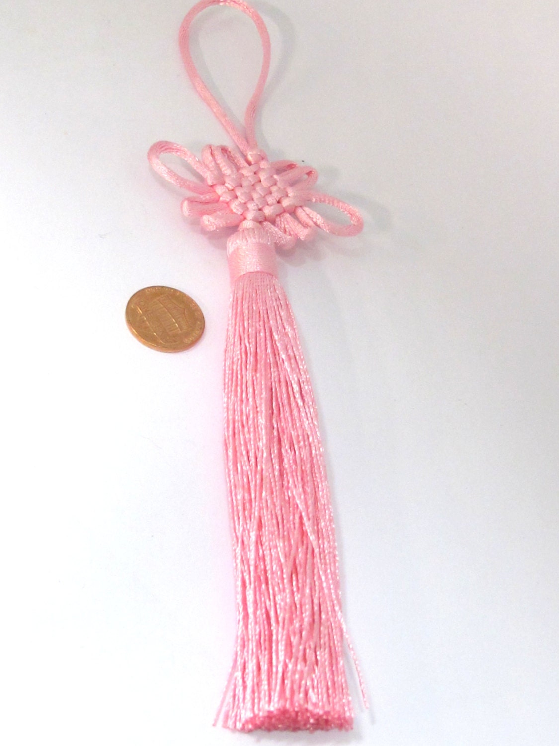 1 Piece - Long pink chinese infinity knot tassel charm supplies - 8.5 inches long - BD859