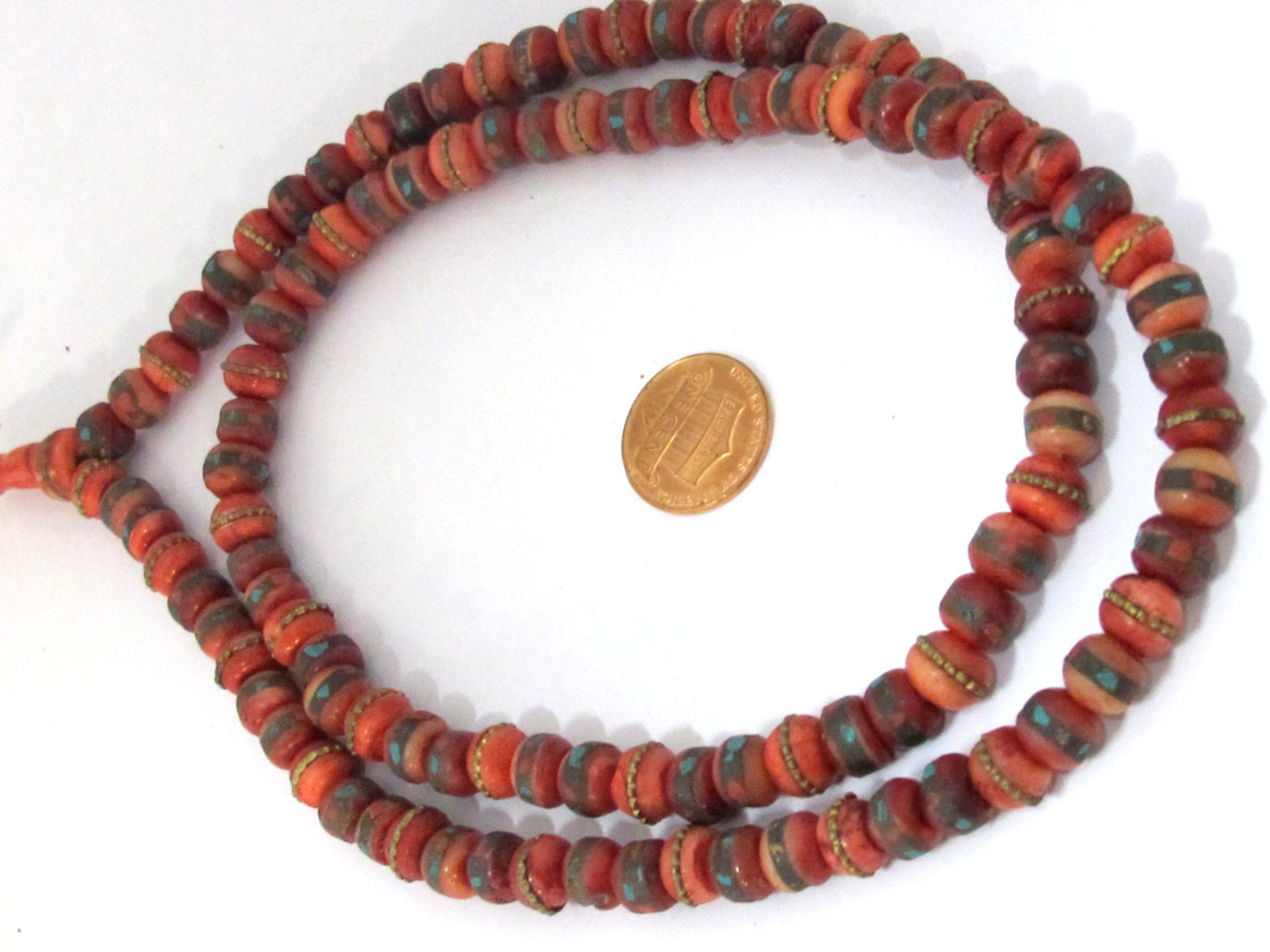 25 beads - 8 mm Tibetan bone beads with turquoise brass coral inlay dyed red bone beads mala making supplies - ML042B