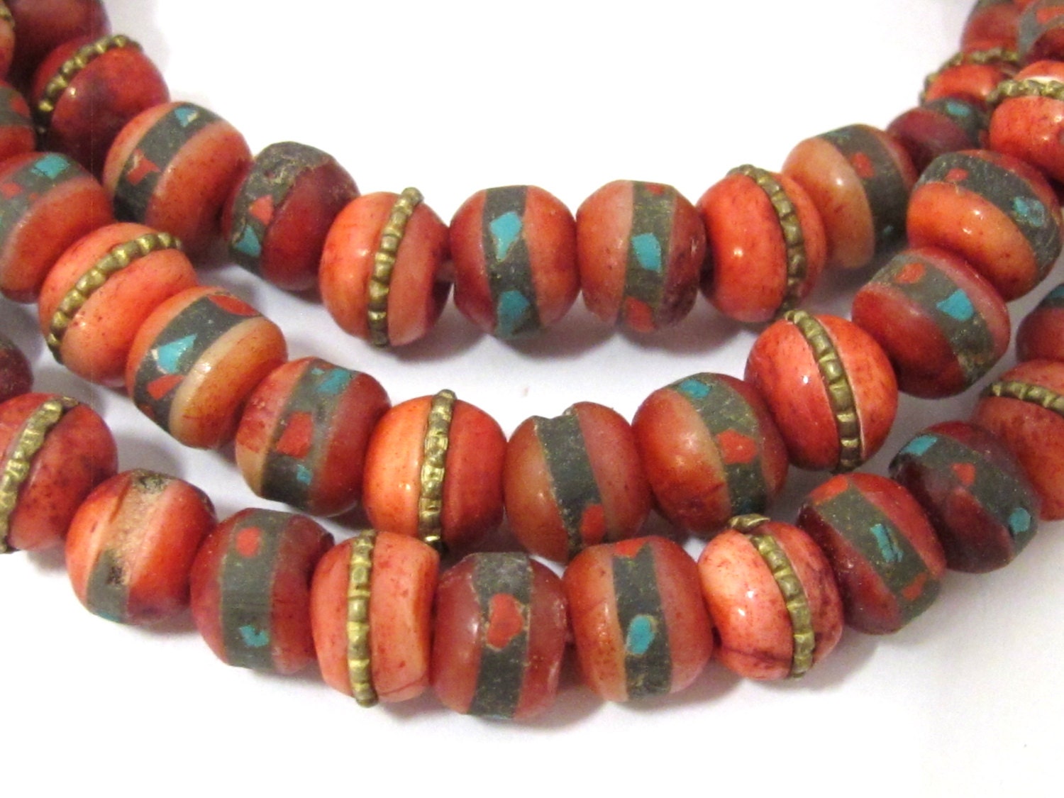 25 beads - 8 mm Tibetan bone beads with turquoise brass coral inlay dyed red bone beads mala making supplies - ML042B