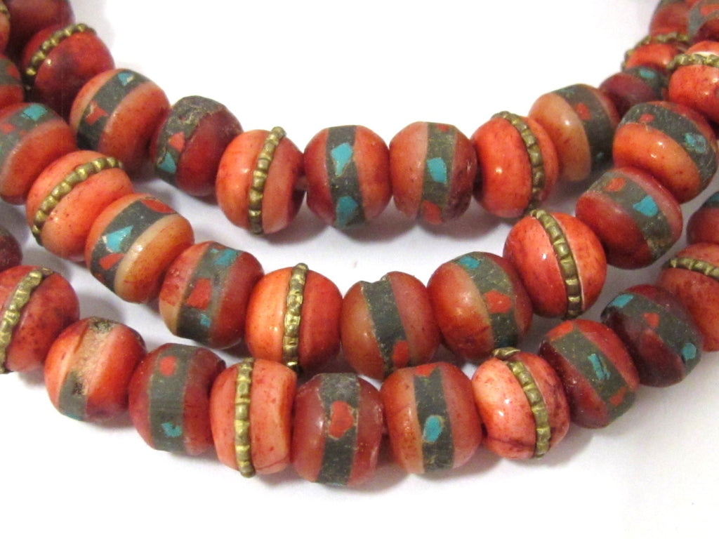 25 beads - 8 mm Tibetan bone beads with turquoise brass coral inlay dyed red bone beads mala making supplies - ML042B