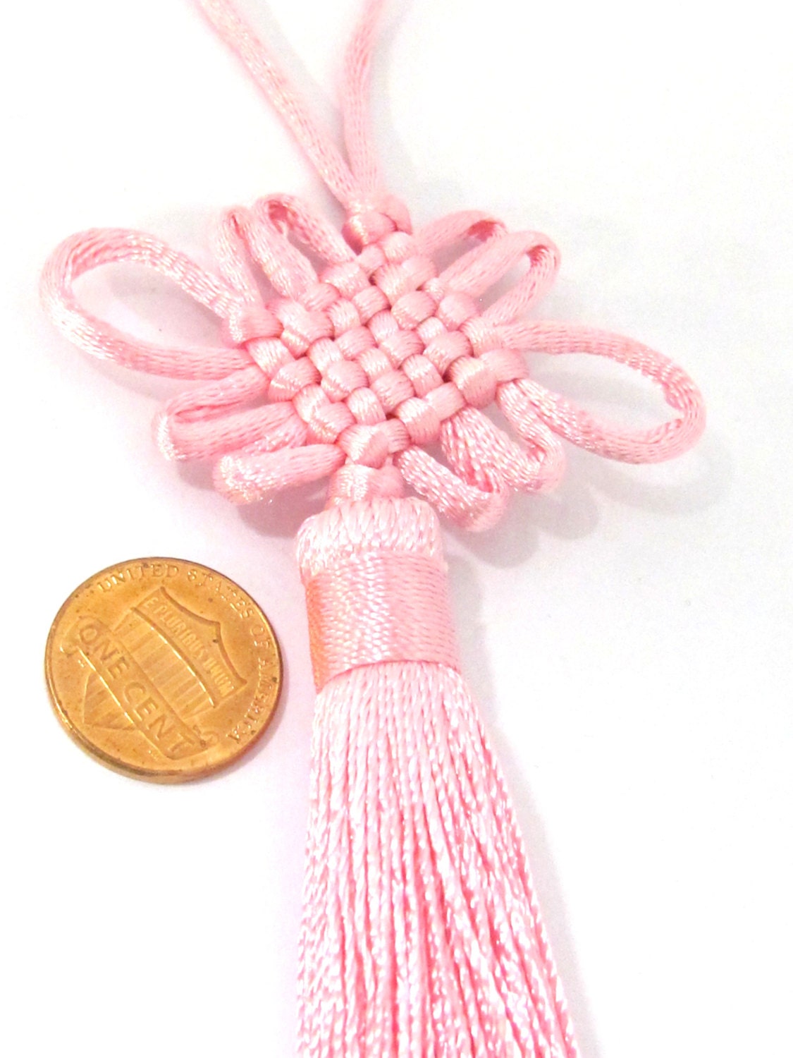 1 Piece - Long pink chinese infinity knot tassel charm supplies - 8.5 inches long - BD859
