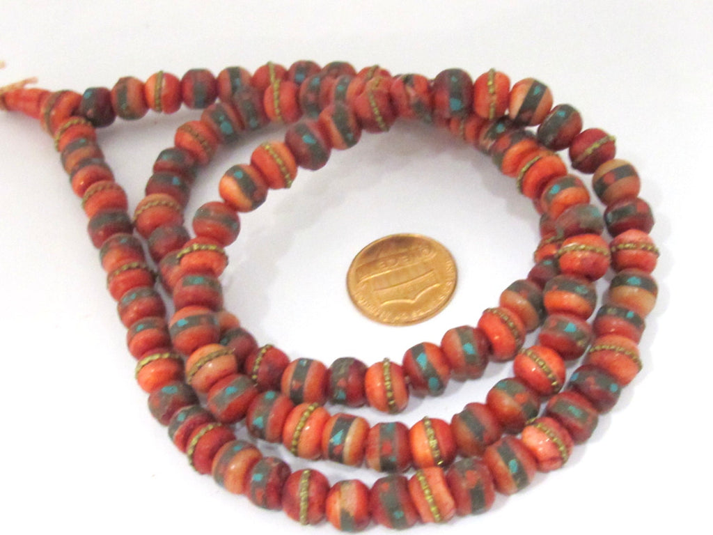108 beads - 8 mm Tibetan bone beads with turquoise brass coral inlay dyed red bone beads mala making supplies - ML042A