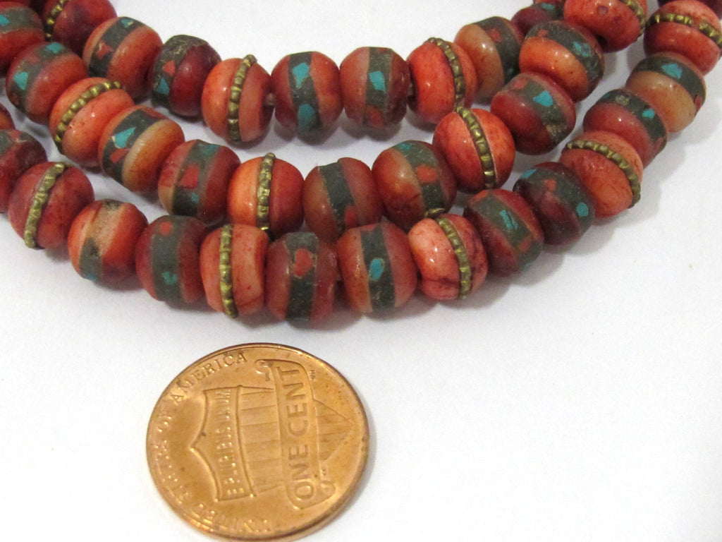 10 beads - 8 mm Tibetan bone beads with turquoise brass coral inlay dyed red bone beads mala making supplies - ML042C