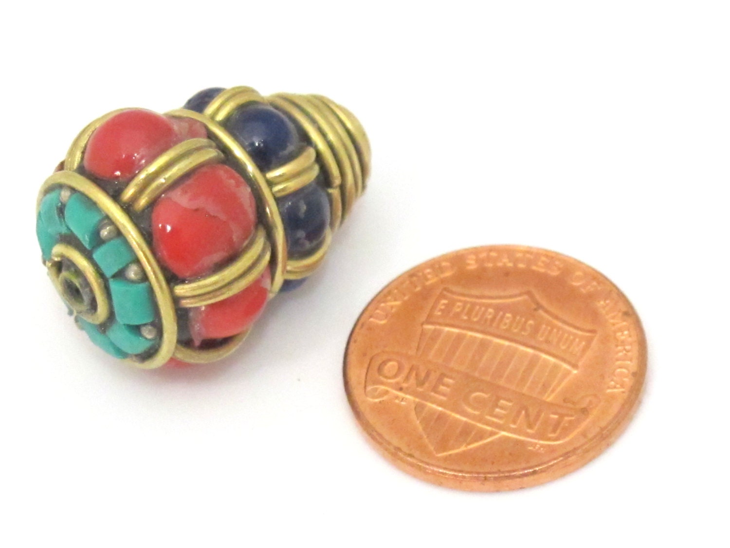 1 bead - Ethnic Tibetan brass cone bead with turquoise and color bead inlays - BD864
