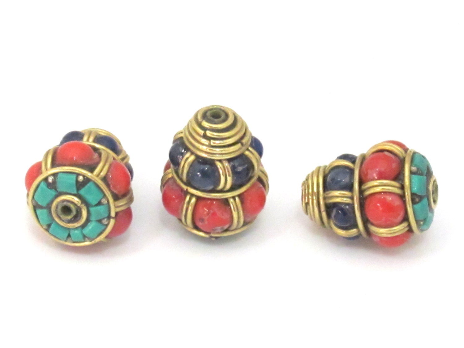 1 bead - Ethnic Tibetan brass cone bead with turquoise and color bead inlays - BD864