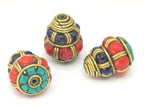 1 bead - Ethnic Tibetan brass cone bead with turquoise and color bead inlays - BD864