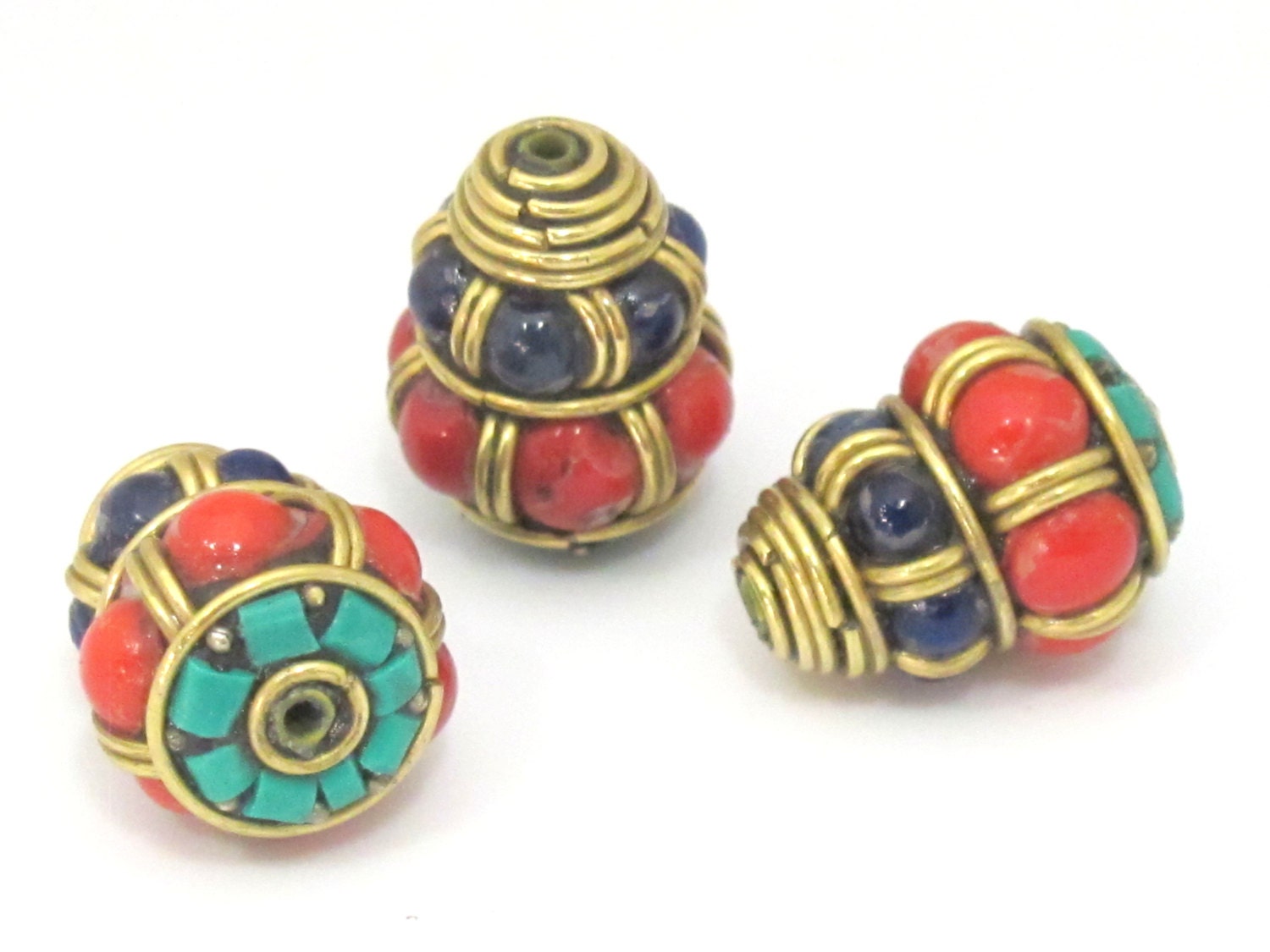 1 bead - Ethnic Tibetan brass cone bead with turquoise and color bead inlays - BD864
