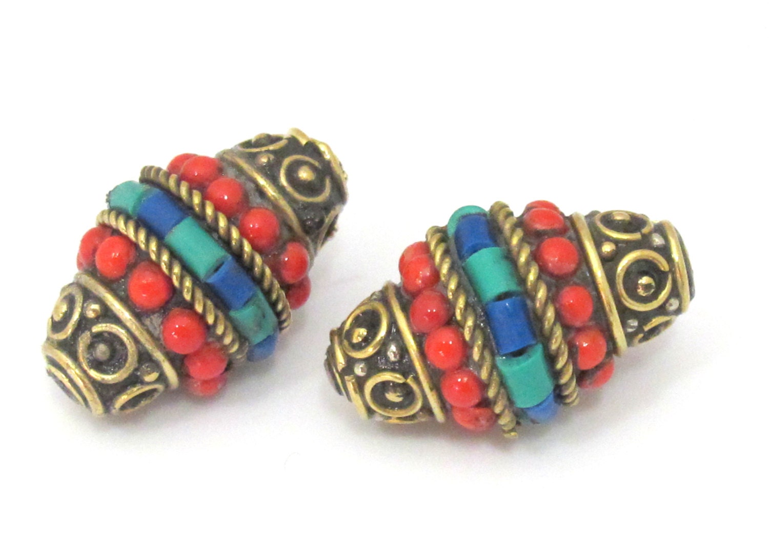 1 bead - Bicone shape Tibetan brass bead with turquoise coral inlays - BD865