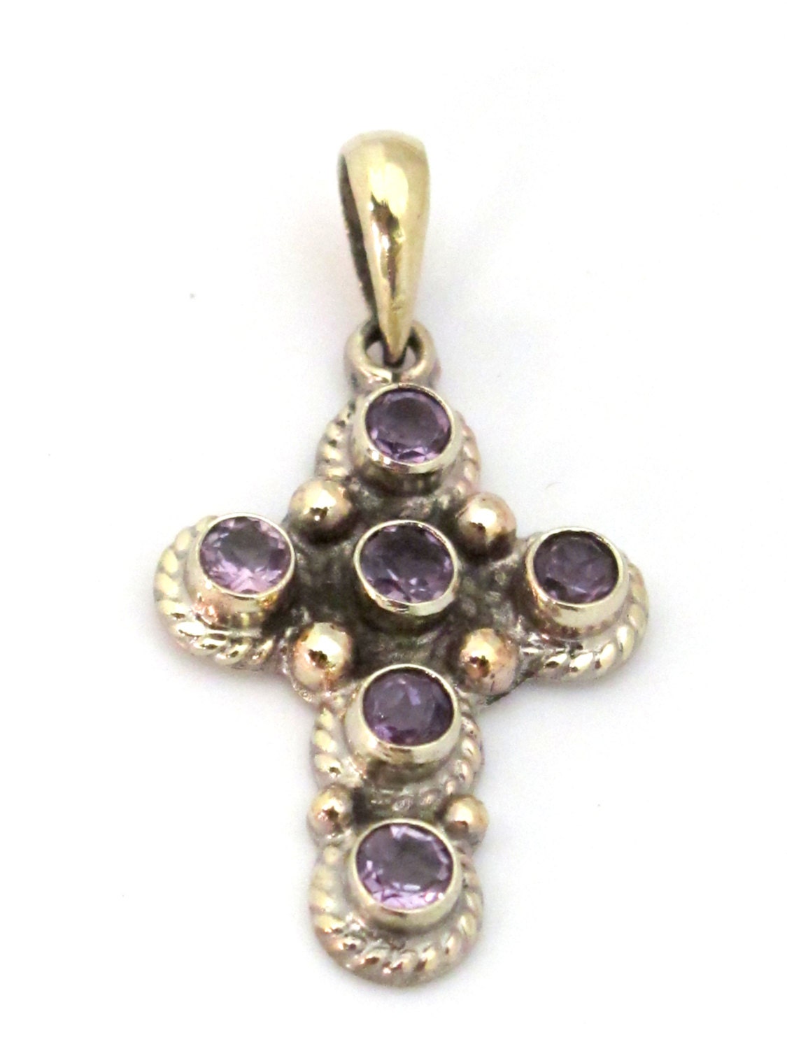 1 Pendant - Tibetan silver faceted amethyst gemstone cross pendant from Nepal - PM445B