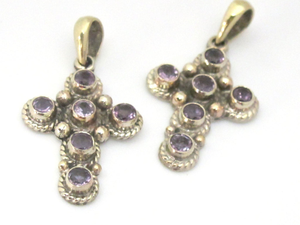1 Pendant - Tibetan silver faceted amethyst gemstone cross pendant from Nepal - PM445B