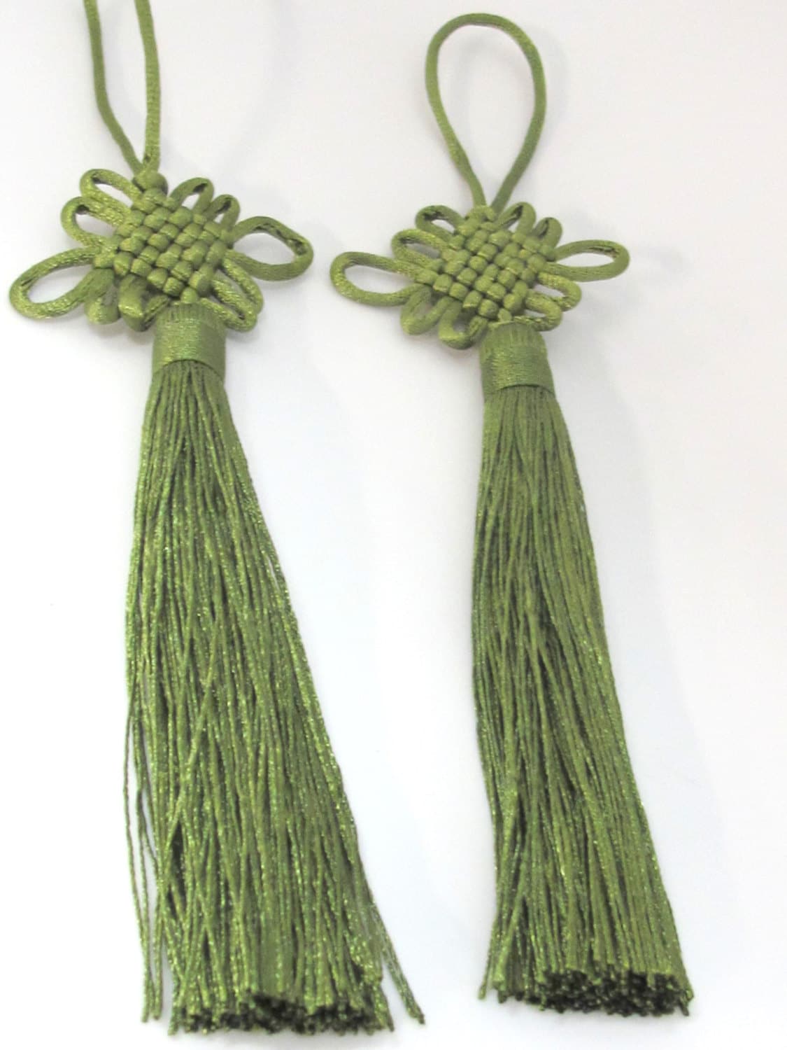 1 Piece - Long tassel Henna Green color chinese infinity knot tassel charm supplies - 8.5 inches long - BD861