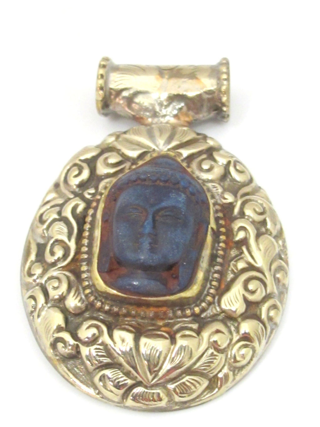 1 Pendant - Large Tibetan antiqued finish silver color Blue Buddha pendant with Lotus flower carving - PM336C