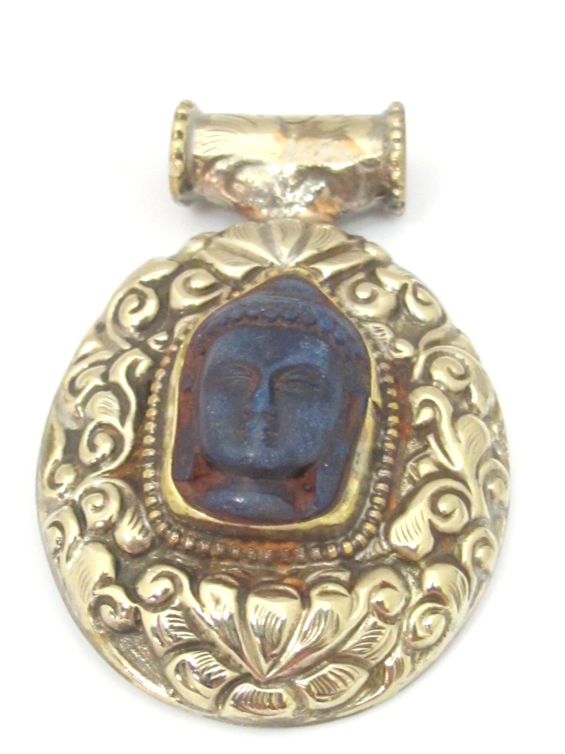 1 Pendant - Large Tibetan antiqued finish silver color Blue Buddha pendant with Lotus flower carving - PM336C