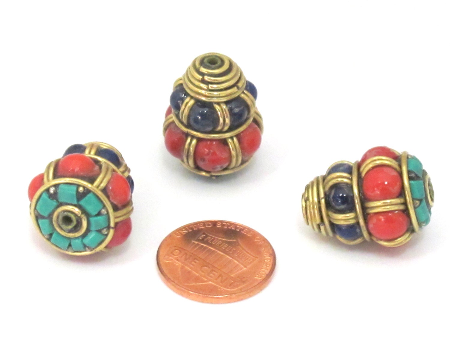 1 bead - Ethnic Tibetan brass cone bead with turquoise and color bead inlays - BD864