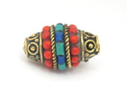 1 bead - Bicone shape Tibetan brass bead with turquoise coral inlays - BD865