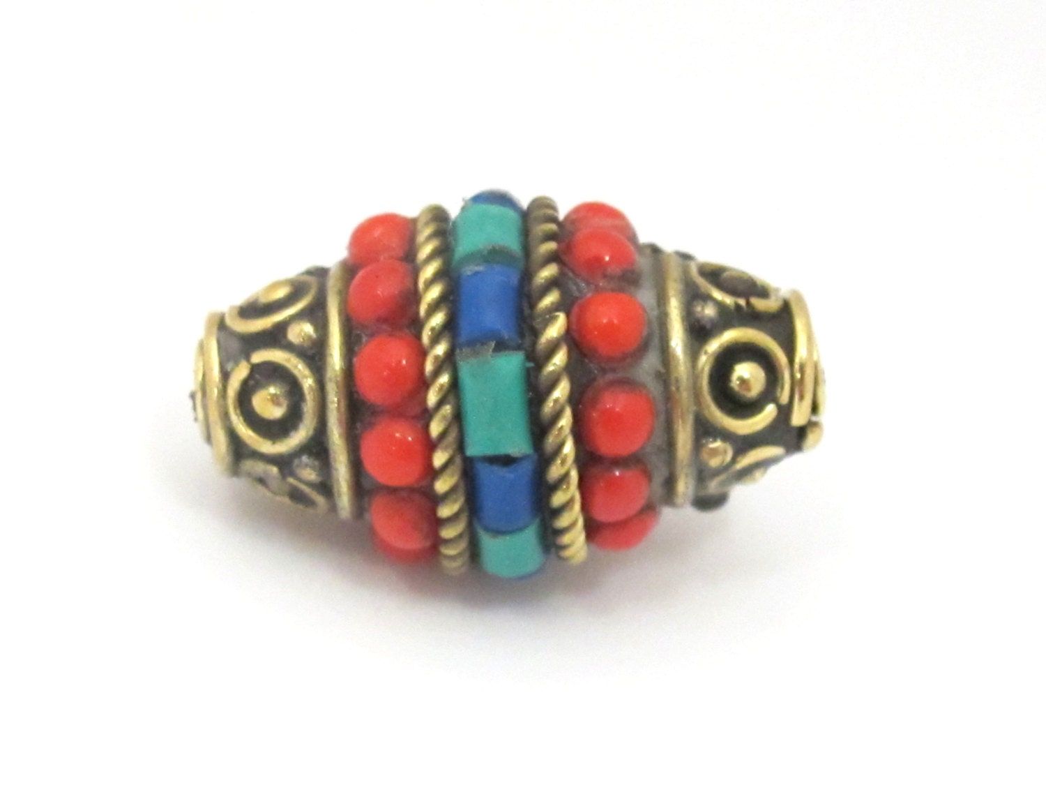 1 bead - Bicone shape Tibetan brass bead with turquoise coral inlays - BD865