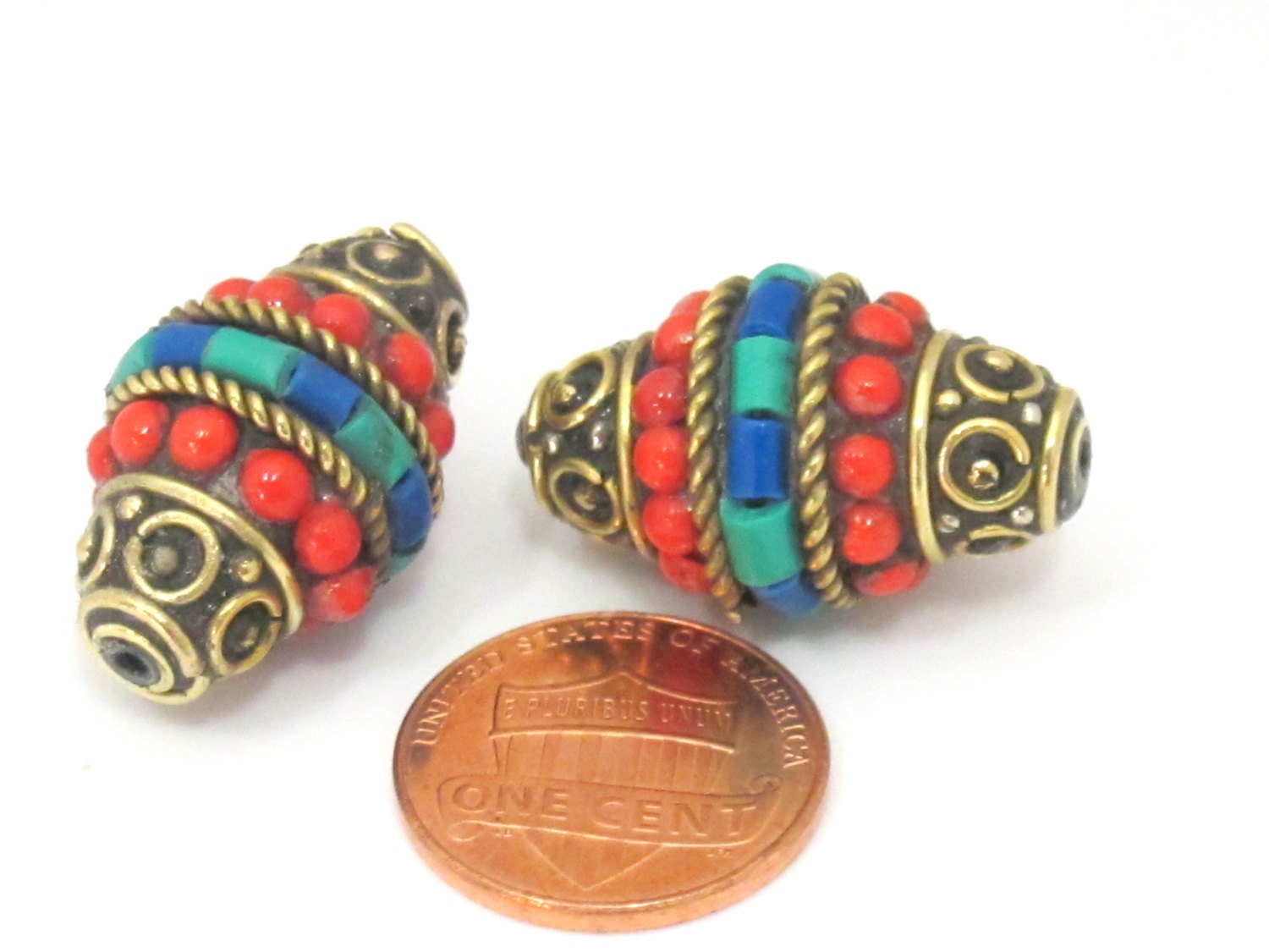 1 bead - Bicone shape Tibetan brass bead with turquoise coral inlays - BD865