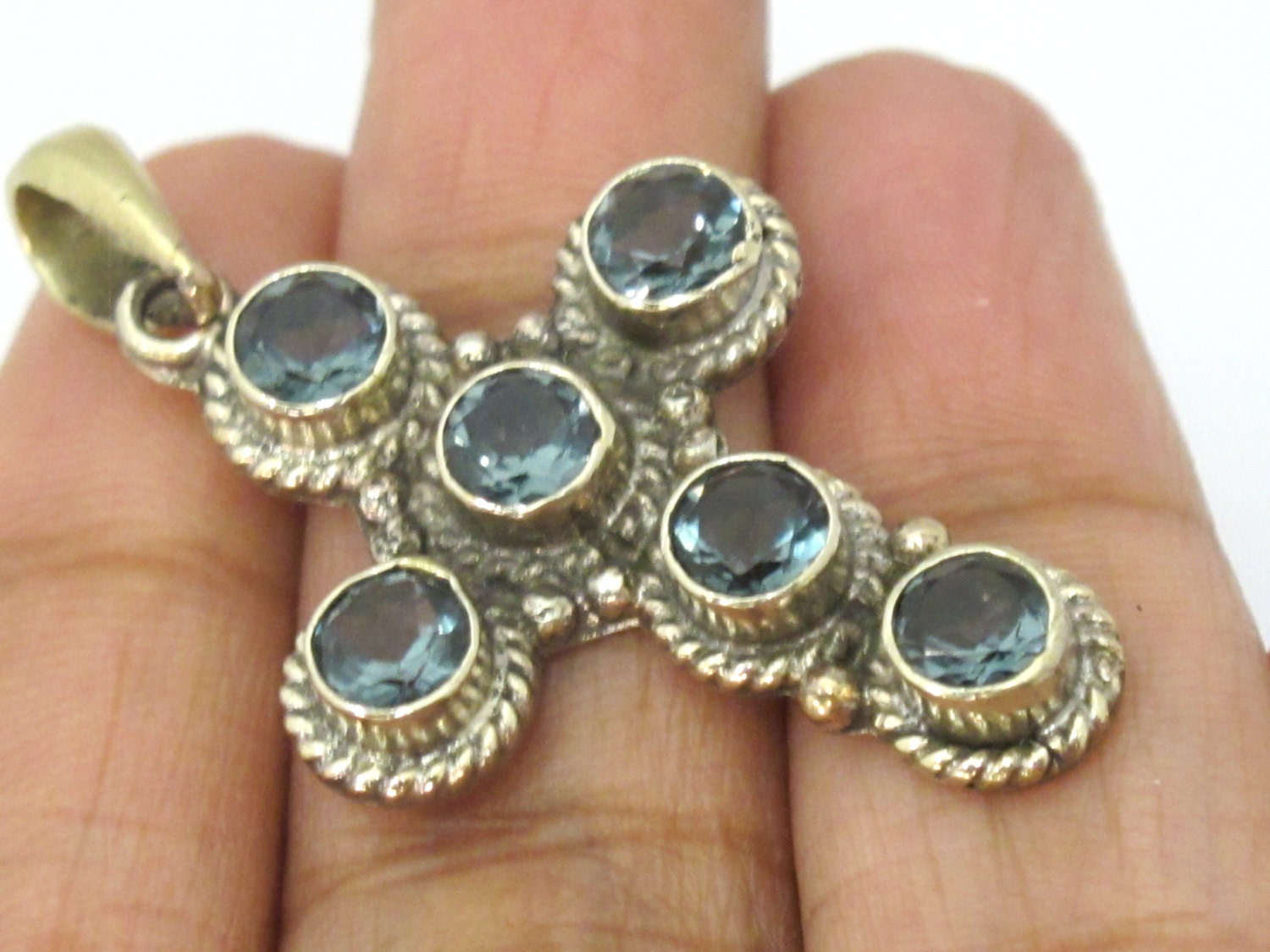 1 Pendant - Tibetan silver faceted iolite gemstone cross pendant from Nepal - PM446A