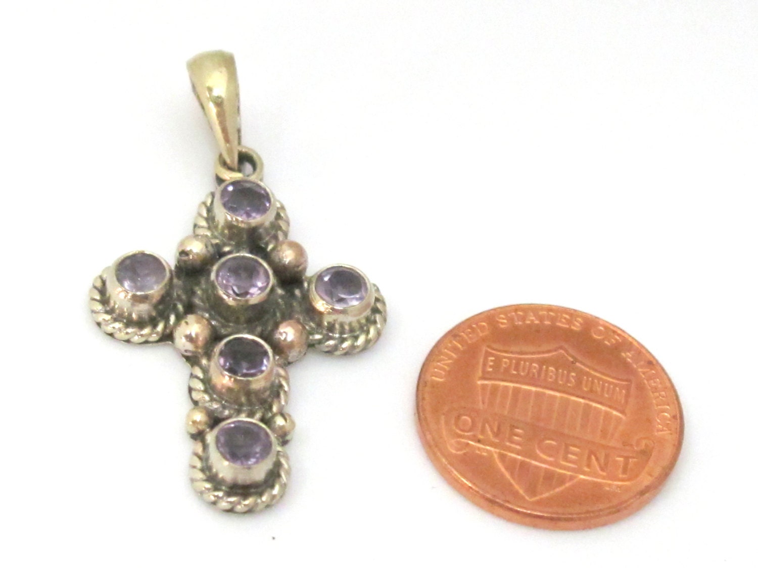 1 Pendant - Tibetan silver faceted amethyst gemstone cross pendant from Nepal - PM445B