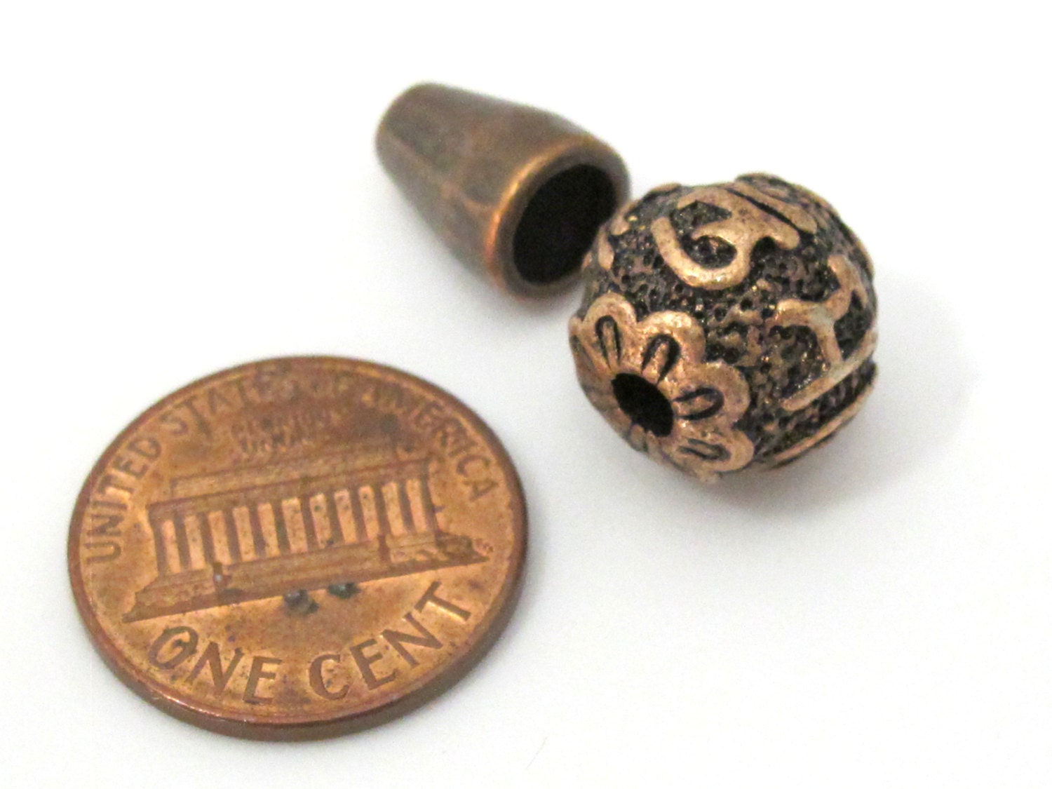 1 Guru bead set - 12 mm size Tibetan 3 hole Om mantra copper color metal alloy Guru Bead with column bead - GB037