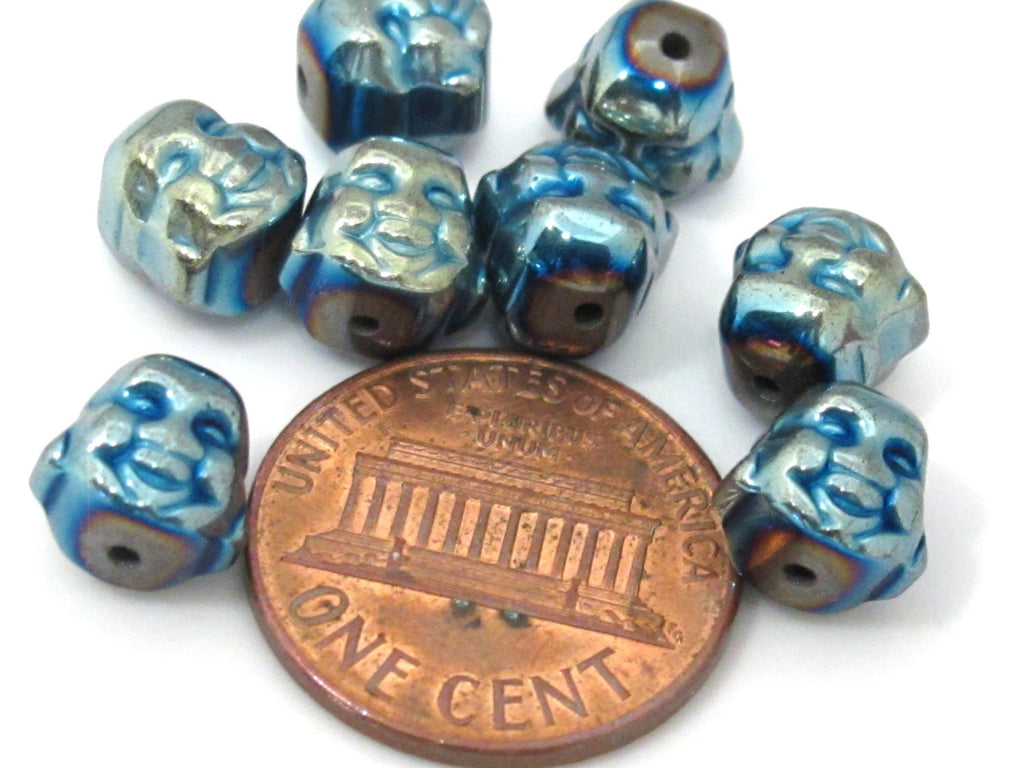 4 Beads - Laughing Buddha blue green titanium color plated hematite gemstone beads 8 mm - BD877