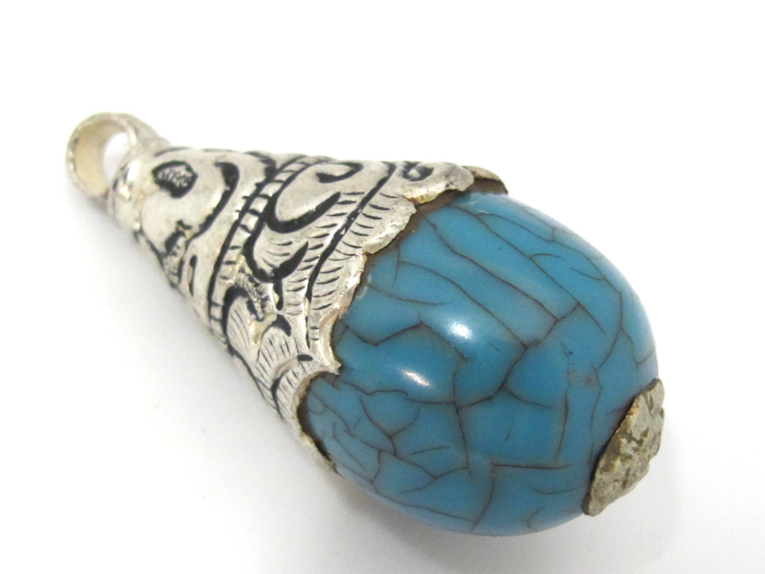 1 Pendant - Large size tibetan silver capped blue crackle resin drop pendant with floral design on bail - PM452
