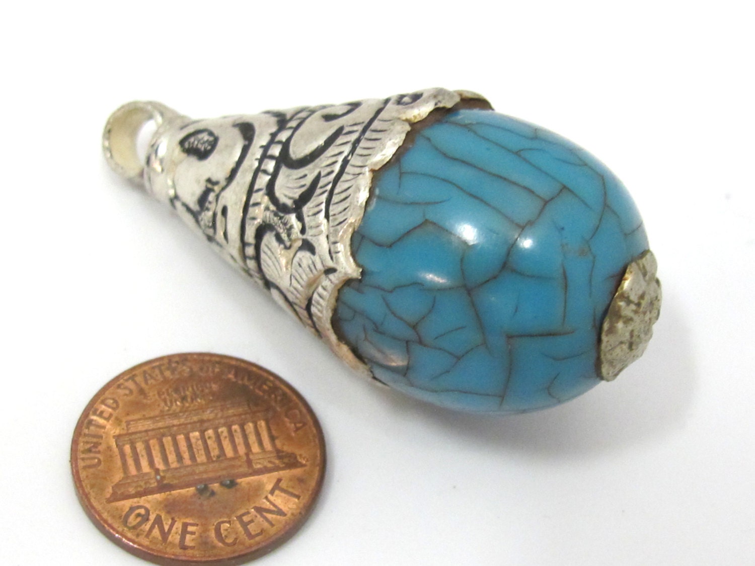 1 Pendant - Large size tibetan silver capped blue crackle resin drop pendant with floral design on bail - PM452