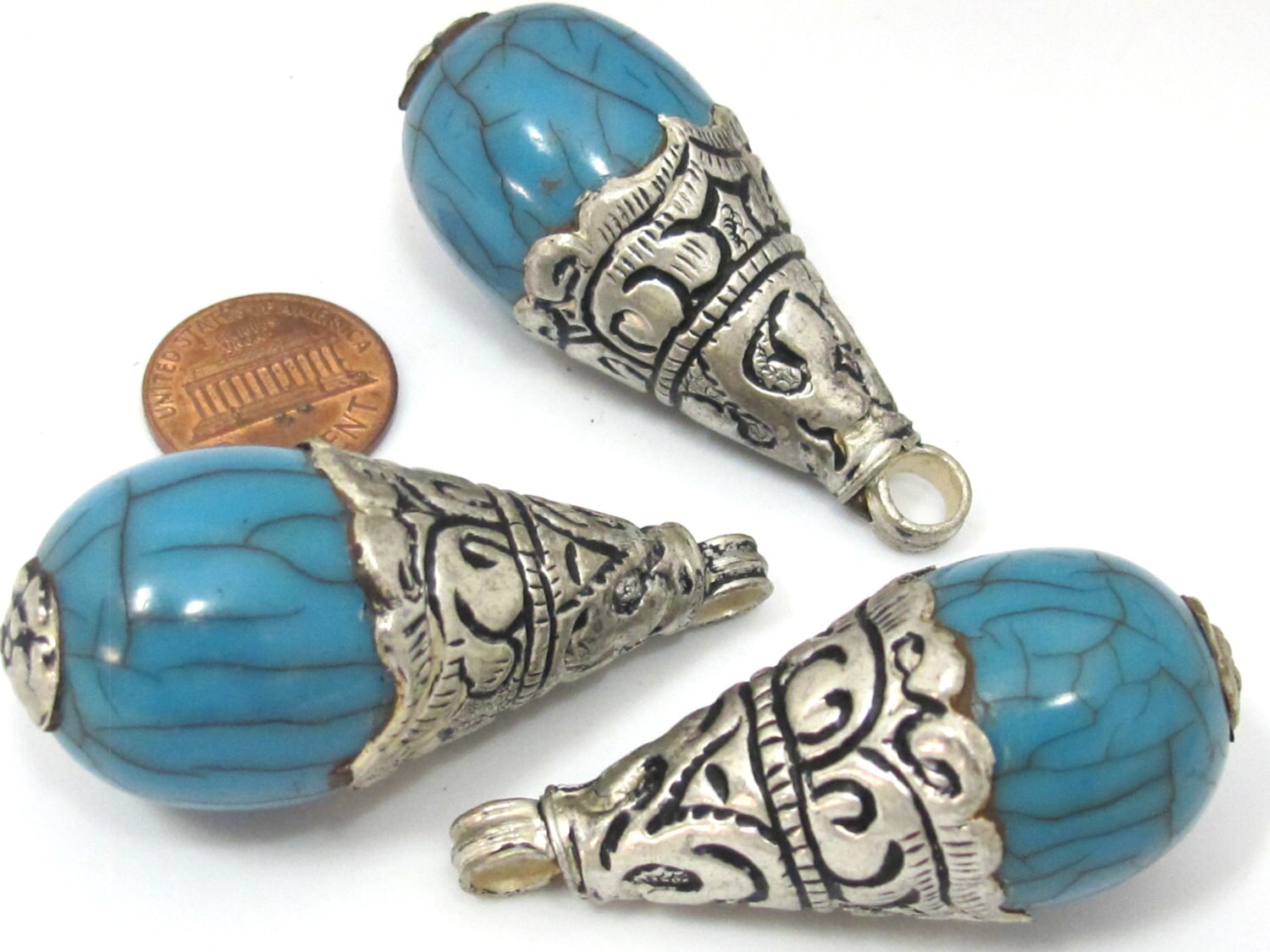 1 Pendant - Large size tibetan silver capped blue crackle resin drop pendant with floral design on bail - PM452
