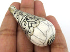 1 Pendant - Large size tibetan silver capped white crackle resin drop pendant with floral design on bail - PM453