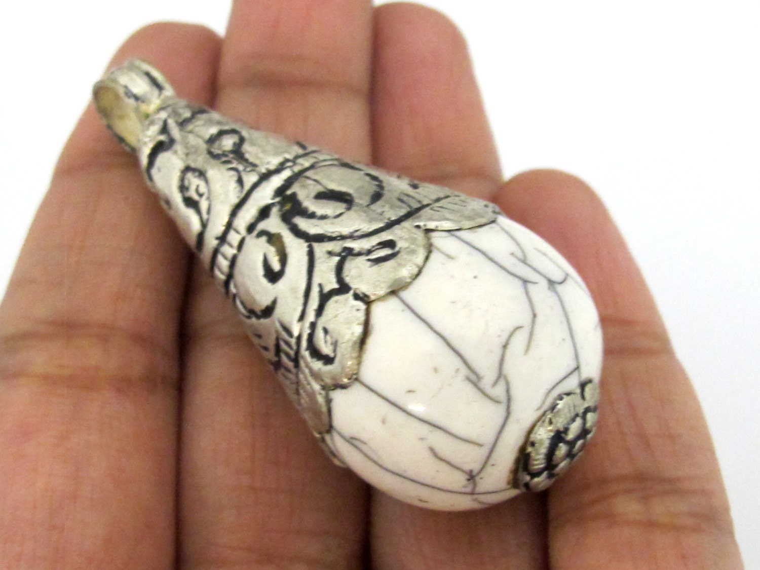 1 Pendant - Large size tibetan silver capped white crackle resin drop pendant with floral design on bail - PM453