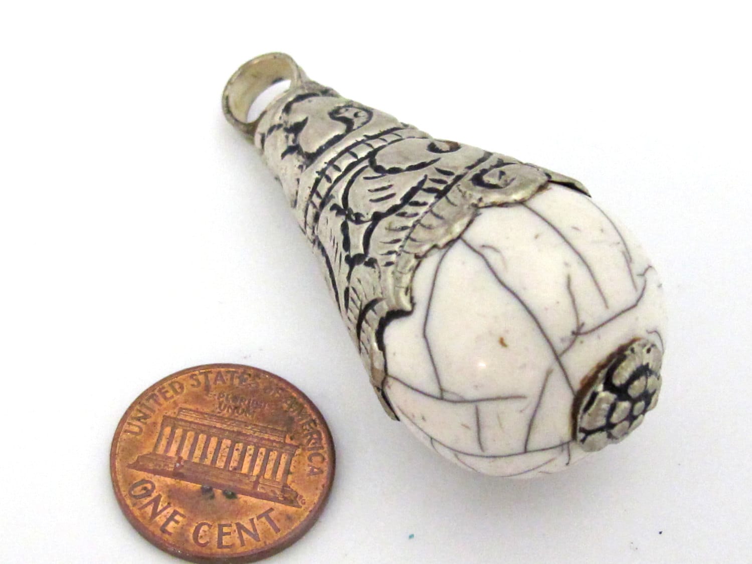 1 Pendant - Large size tibetan silver capped white crackle resin drop pendant with floral design on bail - PM453