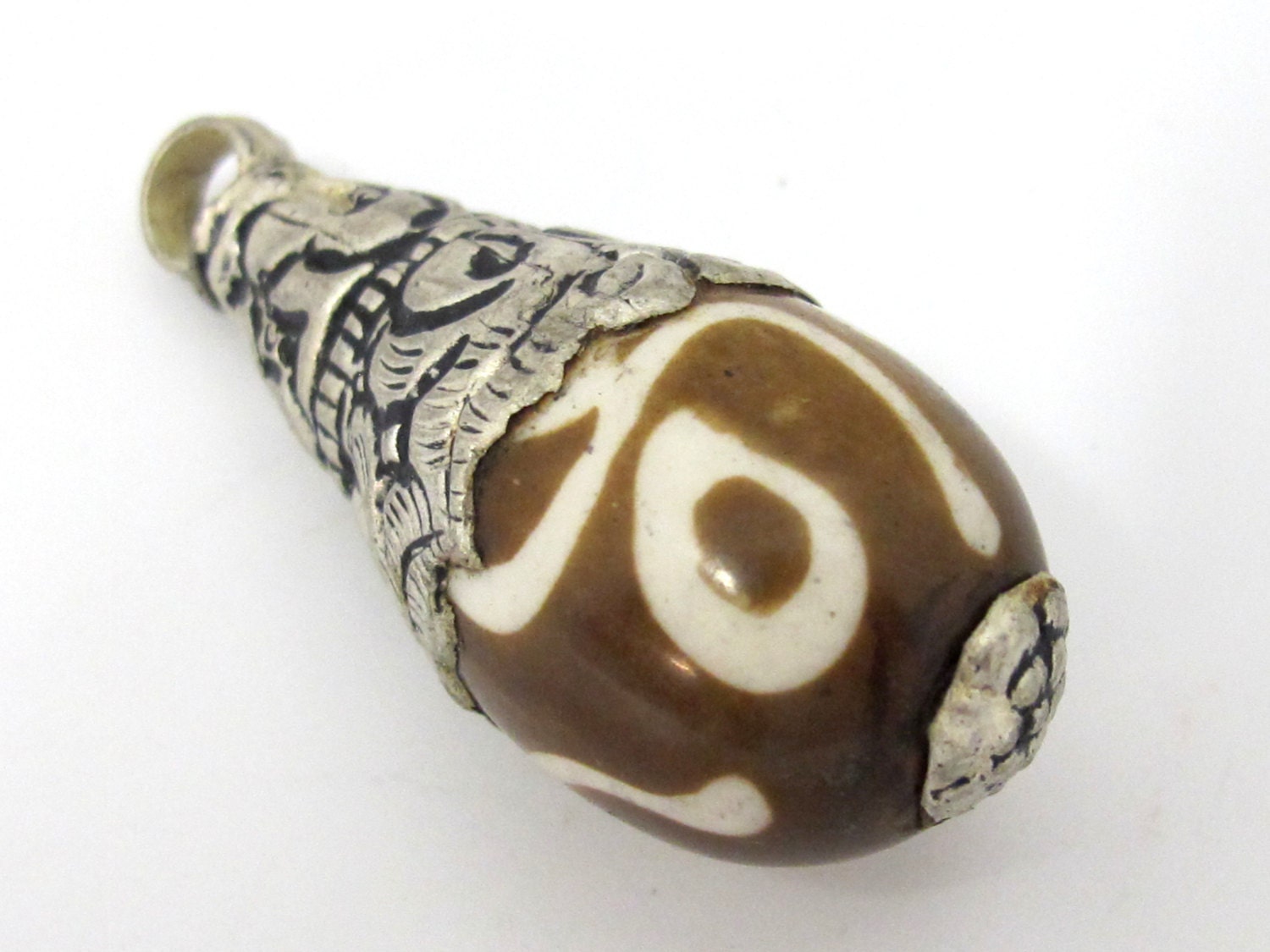 1 Pendant - Large size tibetan silver capped batik recycled cattle bone drop pendant with floral design on bail - PM455