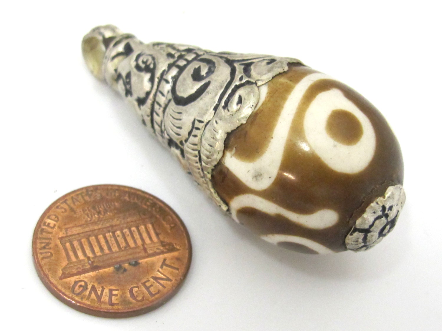 1 Pendant - Large size tibetan silver capped batik recycled cattle bone drop pendant with floral design on bail - PM455