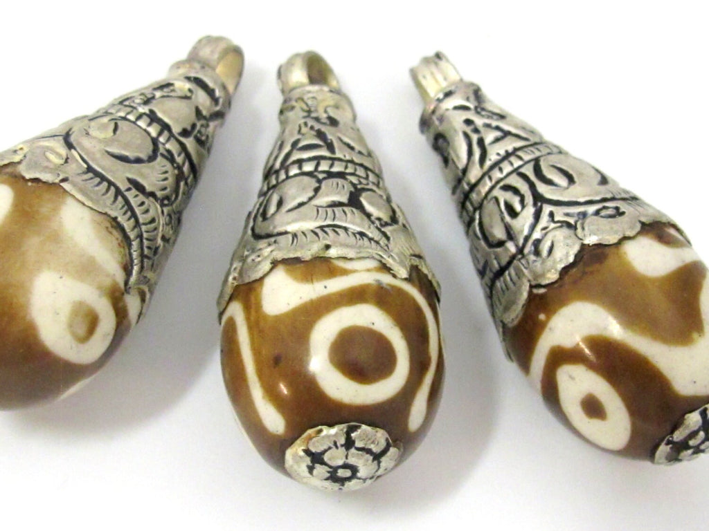 1 Pendant - Large size tibetan silver capped batik recycled cattle bone drop pendant with floral design on bail - PM455