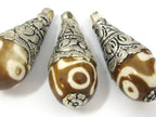 1 Pendant - Large size tibetan silver capped batik recycled cattle bone drop pendant with floral design on bail - PM455
